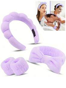 Conjunto de 1 faixa de cabelo e pulseiras para cuidados com a pele, faixa de cabelo macia para spa e maquiagem, ideal para lavar o rosto, faixa de cabelo suave para mulheres, item essencial para viagens e escola, acessório fofo para cabelo e cuidados com a pele, perfeito para fantasias de Halloween, presente de aniversário atencioso para mulheres e presente de Natal. - Roxa - Ver 8