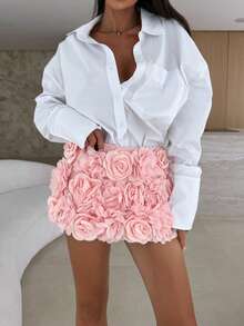 Women 3D Rose Flower Mini Skort Embellished Aline High Waist Pencil Bodycon Going Out Athletic Short Skorts - Pink - View 3