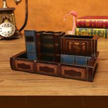 1 Stück Vintage Europäischer Holz Stifthalter, Aufbewahrung & Organisation: Büroorganizer für zuhause, Stiftaufbewahrungsbox, Fach-Behälter, Retro Stiftbecher, dekorativer Holz-Falschbuch-Look, multifunktionaler kreativer Mode Stifthalter mit Schublade - Schreibtischorganizer und dekorative Aufbewahrungsbox, Rückkehr zur Schule Zubehör, Bürobedarf, Schulmaterial, Dorm-Bedarf, Geschenk für Familie und Freunde, Geburtstagsgeschenk, Valentinstag Geschenk, Neujahr Geschenk, Feiertags Geschenk, Party Bedarf