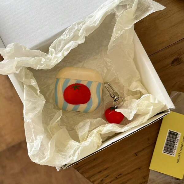 1 pieza Funda protectora de auriculares Bluetooth con diseño asimétrico de rayas y tomates, para AirPods 2/3/4, AirPods Pro 3