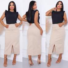 Beige, Black And Pink Denim Midi Skirt - Kem - Xem 7