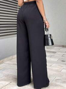 Duna Women's Wide Leg Pants Elastic Waist With Pocket High Waist Simple Casual Elegant Party Drawstring Split Pocket Daily Trousers - màu đen - Xem 5