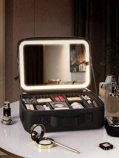 1pc 600mAH Black Travel Makeup Bag With Mirror Large Capacity Cosmetic Storage Box Travel Portable Makeup Bag Case With LED Light Mirror Makeup, Lamps, Led Lights, Night Light, Lighting,Accessories For Travel Storage Bag,Makeup Bag, Large Capacity Makeup Organizer Makeup Case, For Lipstick, Brush, Skincare, Mobile Phone, Coin, Small Items, For Home,Gift,Vacation And Festival Halloween Christmas Multifunctional Use,Boho Vibes
