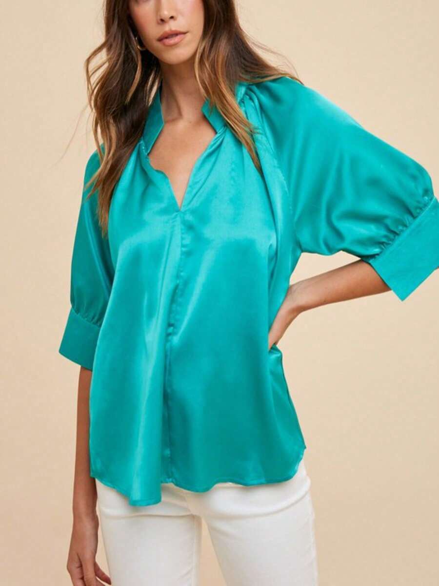 Womens Casual Satin Blouse Elegant Loose Fit Draped V Neck Top Chic Oversized Dolman Sleeve Office Workwear Modern Professional Turquoise Three Quarter Length Sleeves Evening Party Night Out Date - EMERALD - 查看 1