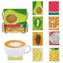 8 piezas Posavasos con diseño de frutas, formas redondas y asimétricas, kit de pintura de diamantes, material de madera con soporte, arte de diamantes DIY mosaico de cristal Posavasos y soportes para posavasos, adecuado para uso diario en la oficina, decoración del hogar, regalos para principiantes