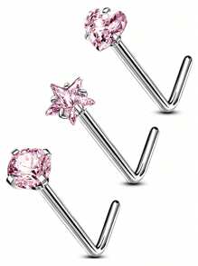 3 piezas Pendientes de nariz, Aros de nariz sólidos de titanio G23 20G en forma de L, con diseños redondo/estrella/corazón con CZ brillante, joyería de piercing de la nariz para mujeres y hombres
