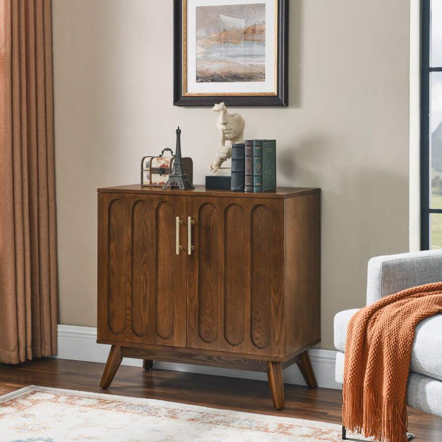 Mid Century Modern Fluted Sideboard Cabinet With Adjustable Shelves & Solid Wood Legs, Buffet Cabinet With Storage, Walnut Storage Cabinet For Living Room, Entryway, Hallway, Dining Room, Kitchen