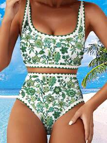 Women's Floral Bikini Sets Whip Stitch 2 Piece Swimsuits - High Waisted Tummy Control Bathing Suits, Scoop Neck Push Up Beachwear - màu xanh lá - Xem 3