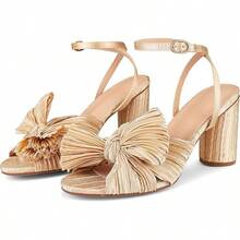 Womens Heeled Sandals Pleated Bow Knot Ankle Strap Open Toe High Block Chunky Heels Sandals Bridal Wedding Dress Shoes Pumps - A金(3.14吋) - 查看 1