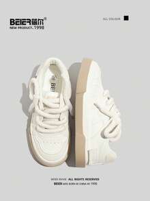 BEIER 女士白色休闲系带滑板鞋，时尚百搭真皮运动鞋，适合春秋季节