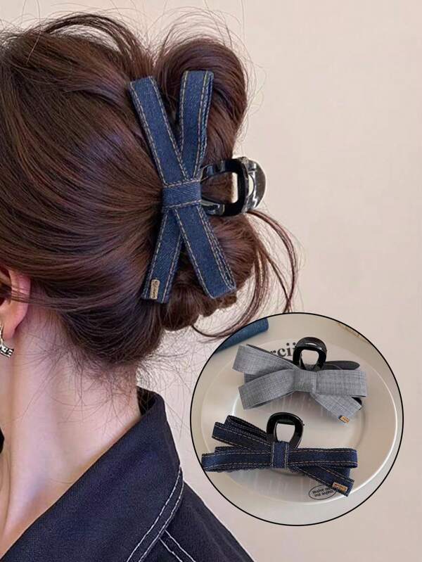 1 Pieza Pinza de pelo de tela de mezclilla con lazo, adecuada para diario, escuela, negocios ligeros, transporte, citas, fotografía callejera y otras ocasiones, moda, de alta calidad, accesorio de moda versátil para el cabello de mujer, accesorios de belleza, pinzas elegantes para el cabello