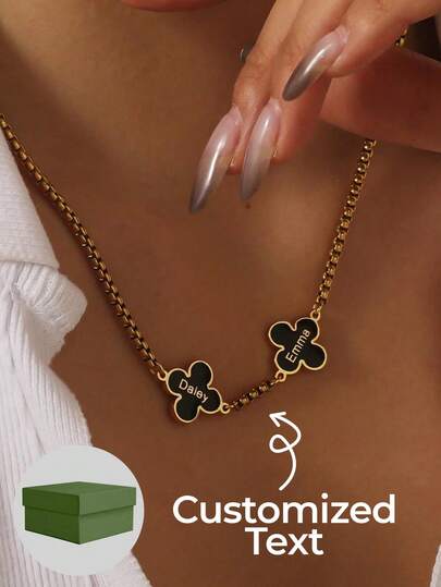 1 chiếc vòng cổ khắc tên theo yêu cầu, 1-3 tên, vòng cổ hình cỏ bốn lá, vòng cổ mặt dây chuyền khắc chữ, vòng cổ nhiều tên, chất liệu thép không gỉ, trang sức chống phai màu.