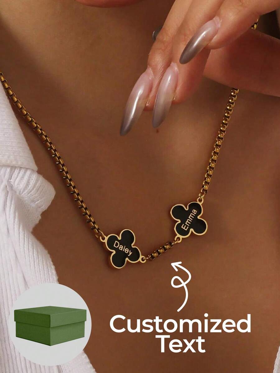 1 chiếc vòng cổ khắc tên theo yêu cầu, 1-3 tên, vòng cổ hình cỏ bốn lá, vòng cổ mặt dây chuyền khắc chữ, vòng cổ nhiều tên, chất liệu thép không gỉ, trang sức chống phai màu. - Nhiều màu - Xem 1