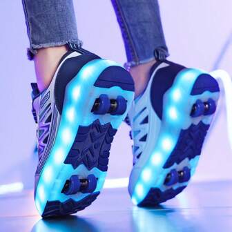 Summer LED Light-Up Roller Skate Shoes, Breathable Low-Top Sports Sneakers For Youths, Students, Adults, Couples, Fashionable, Outdoor Exercise, Detachable Design For 2-In-1 Wear