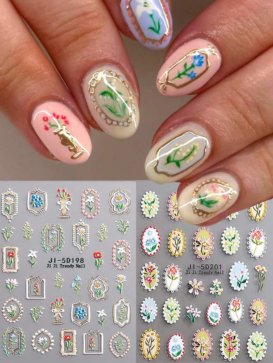 2 件不对称花卉框架玫瑰百合花束樱花郁金香花瓣彩色花朵 5D 美甲贴纸自粘美甲贴花