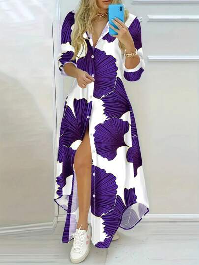 Women's Elegant Floral Print Long Sleeve Button Down Shirt Dress, Fashionable Bohemian Full-Body Printed V-Neck Slit Maxi Dress, Polyester Blend, Machine/Dry Washable, Suitable For Spring/Summer/Autumn