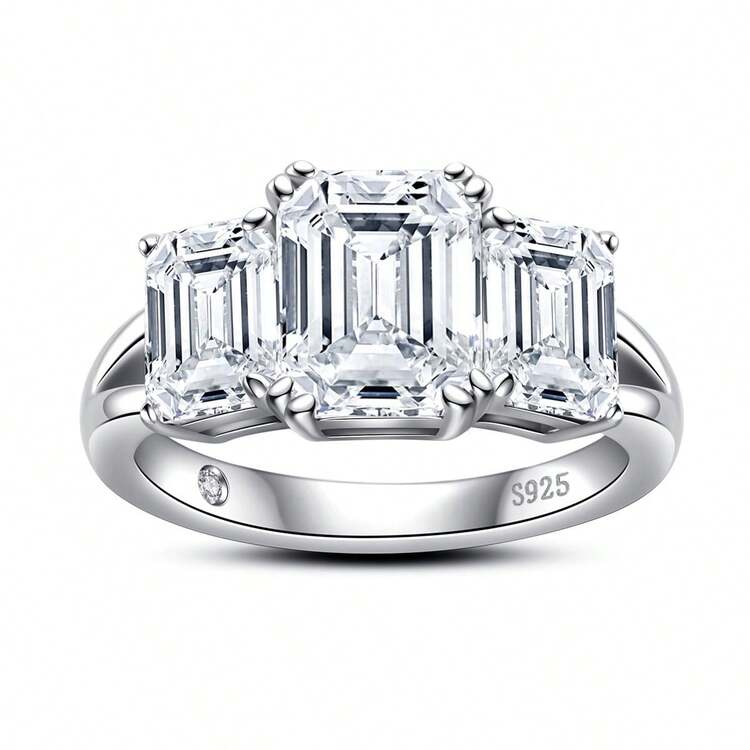 ANU JEWEL 7x9mm/3.0CT 祖母绿莫桑石戒指，S925 银莫桑石结婚戒指，适合作为礼物 - 白色 - 查看 3