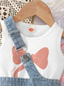 2 件套女婴休闲百搭蝴蝶结印花无袖上衣 + 可爱休闲蝴蝶结刺绣牛仔背带裤 - 白色 - 查看 3