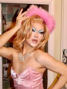 1pc Women's Autumn Party Rhinestone Pink Crown Cowboy Hat, Halloween Feather Edge Festival Party Hat Suitable For Daily Wear - Multicolor - View 8