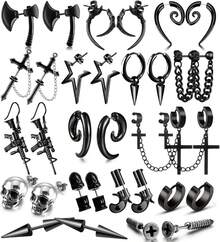 16 Pairs Stainless Steel Punk Y2K Black Dangle Earrings Men, Skull Screw Cone Etc Huggie Hoop Long Chain Piercing Hoop Earrings Set Unisex Earrings Women - 1 - Xem 1
