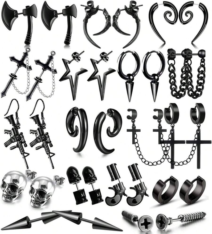 16 Pairs Stainless Steel Punk Y2K Black Dangle Earrings Men, Skull Screw Cone Etc Huggie Hoop Long Chain Piercing Hoop Earrings Set Unisex Earrings Women - 1 - Xem 1