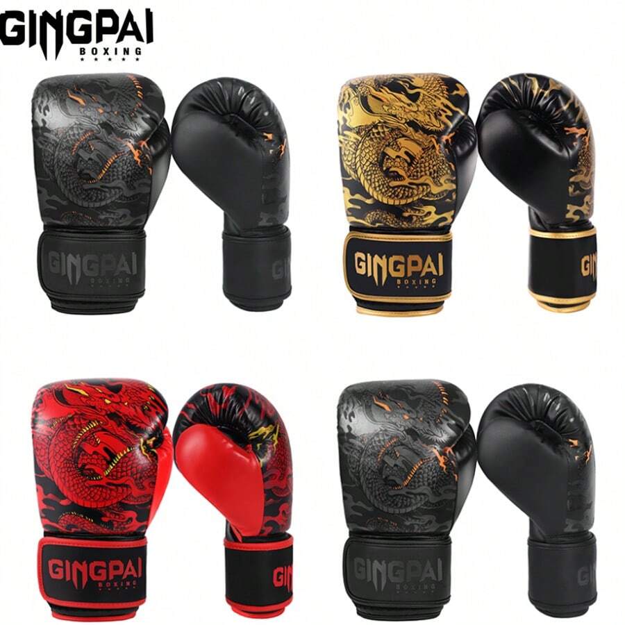 GINGPAI 10盎司/12盎司/14盎司成人拳击手套，专业泰拳/踢拳手套，中国龙纹图案，加厚衬垫，男女通用，适合训练和实战