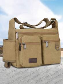 Multi-Pocket Canvas Shoulder Bag – Casual Utility Crossbody Satchel For Men, Daily Travel Organizer With Bottle Holder