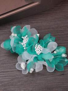 1 件手工真丝雪纺白色花朵蕾丝发夹，婚礼摄影新娘发饰 - 孔雀藍 - 查看 3