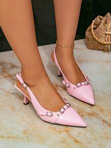 Europeisk och amerikansk stil med spetsad tå Höga klackar damskor Stilett, svampnitar och dekoration med bältesspänne. Lämplig för rockfestivaler och punkmode - Rosa - Visa 6