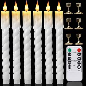 6 Pack Remote Control Flameless Taper Candles With Realistic Spiral Dripping Wax & Flickering Effect, Tall Gold Base For Home Decor