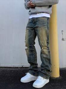 Jeans pitillo de hombre estilo coreano en color amarillo mostaza desgastado, con pierna entallada y roturas, que transmite un estilo de calle veraniega - Bronce - Ver 4