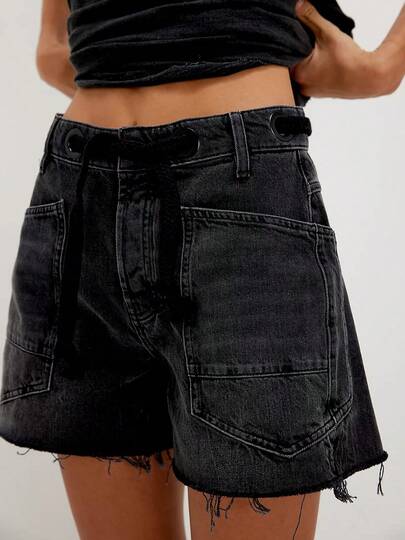 Women Drawstring Jean Shorts Raw Trim Wide Leg Denim Shorts With Pockets Casual Summer Streetwear