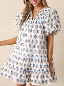 Women Boho Ruffle Sleeve Mini Dress Summer  Floral Print Short Sleeve V Neck Cute Babydoll Loose Flowy Dress - Baby Blue - View 2
