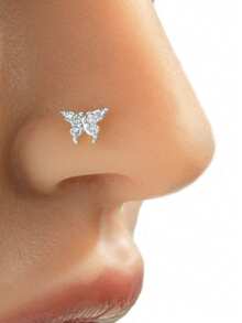 Toppiercing 1入組不銹鋼L形極簡時尚蝴蝶鼻釘帶微鑲嵌式鑽石 - 金黃色 - 查看 3