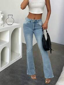 Gränsöverskridande kvinnors fyra säsonger nya millenniumvind Y2K retro temperament bred midja huvudspänne smala låg midja tvättade skinny jeans casual kryddig tjej enkla mångsidiga damjeans - Ljustvätt - Visa 3