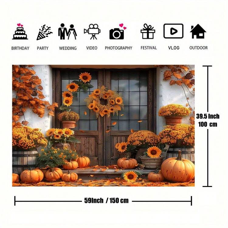 秋收摄影背景布-1 南瓜和向日葵图案，涤纶材质，无需电源 - 适合感恩节和秋季活动 - 彩色 - 查看 4