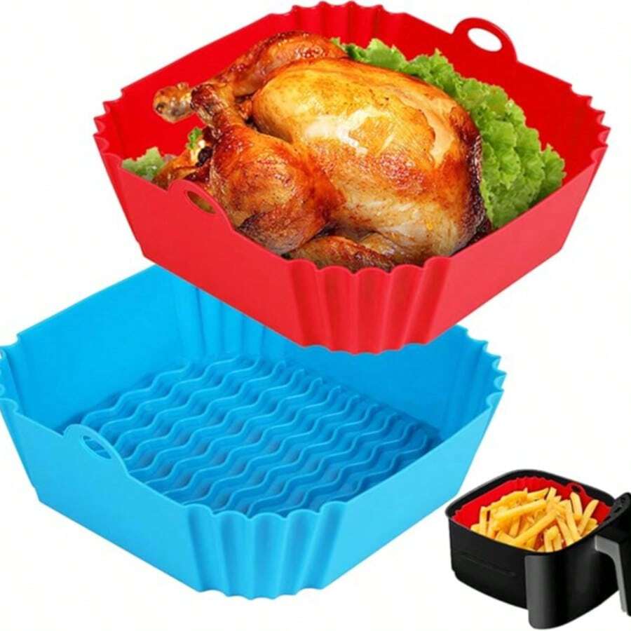 2pcs Square Silicone Air Fryer Liners - 8 Inch Reusable Air Fryer Pan - Air Fryer Accessories - 4 To 7QT Oven Microwave Accessories (Red + Blue) - 藍色+紅色 - 查看 1
