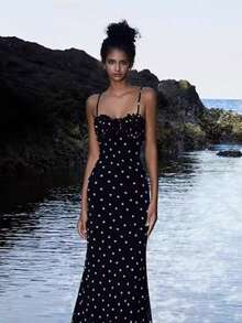 New Women's Summer INS French-Style Elegant Slim-Fit Backless Polka Dot Spaghetti Strap Dress  Polka Dot  Colorblock    Party  Elegant    Backless  Criss Cross  Zipper    Formal & Evening - 黑色 - 查看 5