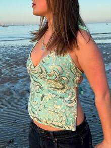 Women Sequin Halter Top Rhinestone Sparkle Sleeveless V Neck Open Back Summer Crop Tank Tops Party Clubwear - Mint Green - View 2