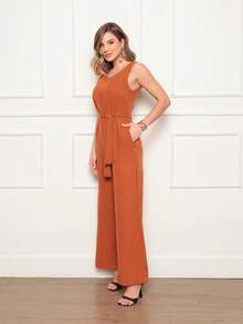 Women's Sleeveless Long Jumpsuit With High Waist Tie Belt And Side Pockets – Elegant And Comfortable - 瓦 - 查看 2