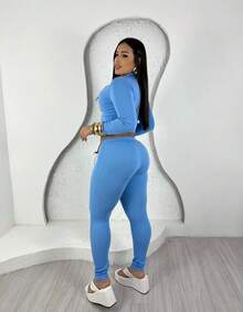 Simple Casual Party Zipper Knot Seersucker Set - Blue - View 3