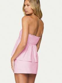 Two Piece Skirt Set For Women Summer Strapless Ruffle Trim Tube Tops Mini Skirt Set Going Out Outfits - 粉色 - 查看 3