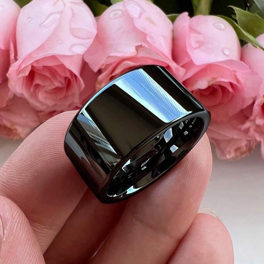 [Anel de Aço Inoxidável] 1 Peça Anel Minimalista de Banda Larga de 12mm em Aço Inoxidável | Anel de Casal, Presente do Dia dos Namorados, Joia de Anel Solteiro