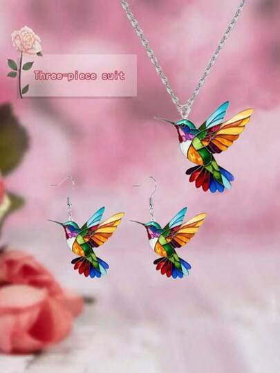 1 set Conjunto de joyería con colgante acrílico y pendientes de colibrí con estampado esmaltado minimalista