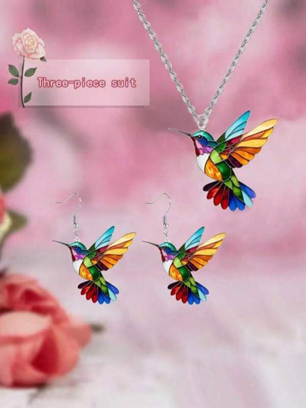 1set Minimalist Enamel Hummingbird Print Acrylic Pendant Necklace And Earring Jewelry Set