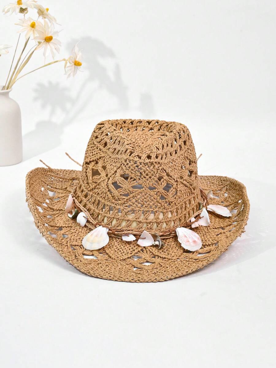 1 件草编巴拿马草帽，贝壳装饰，时尚个性化复古风，适合海滩、露营、旅行、骑行、摄影、约会、主题公园、游艇派对、音乐会