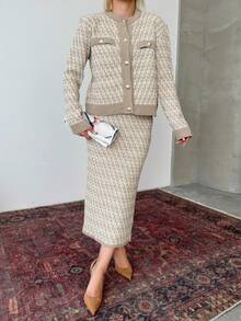 Button Detailed Skirt Set, Solid Color Casual Split Ribbed Button Co-Ord Set For Home Wear - Beige - View 4