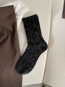 1 Pair Leopard Print Socks, Women's Mid-Calf Socks, Brown Leopard Print Pile Socks, Grey Long Socks, Sporty Socks, Women's Matching German Training Shoes - Multicolor - View 9