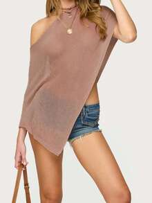 Summer Irregular Knit Cover-Up Crop Top For Women Y2k Aesthetic See-Through T-Shirt Beach Vacation Going Out Tops Womens Crochet Shrug Y2K Hollow Out Bolero Shrug See Through Cropped Top - 淺棕色 - 查看 3