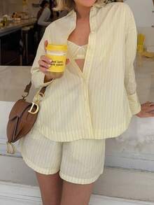 秋季女士休闲条纹衬衫和短裤两件套梭织套装 - 黃色 - 查看 7